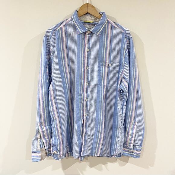 Tommy Bahama Barbados Breeze Tida Striped Shirt Linen Blend Men’s size L Blue - Picture 1 of 10